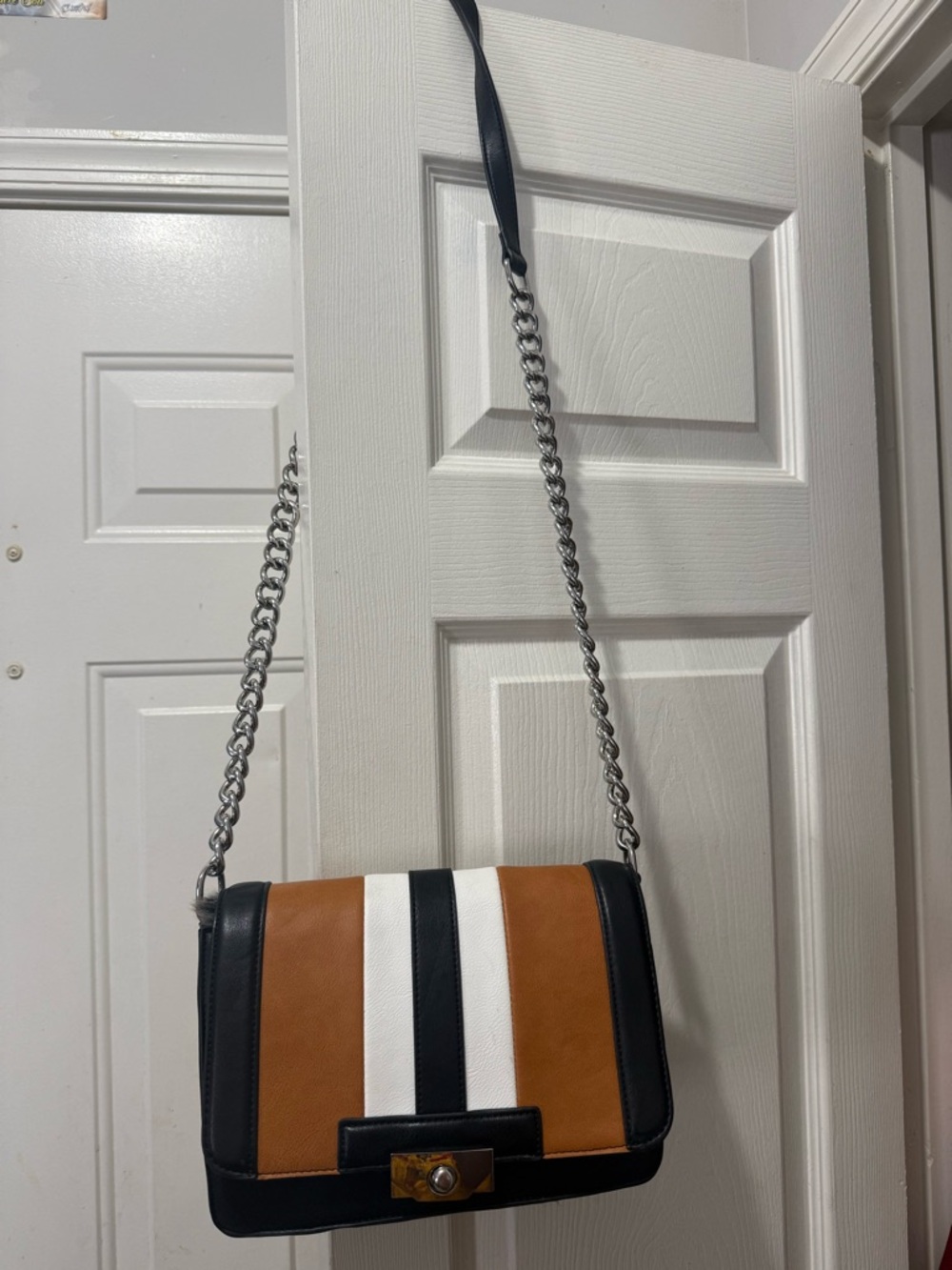 Crossbody Leather Colorblock Shoulder Bag in Brown, Black & White